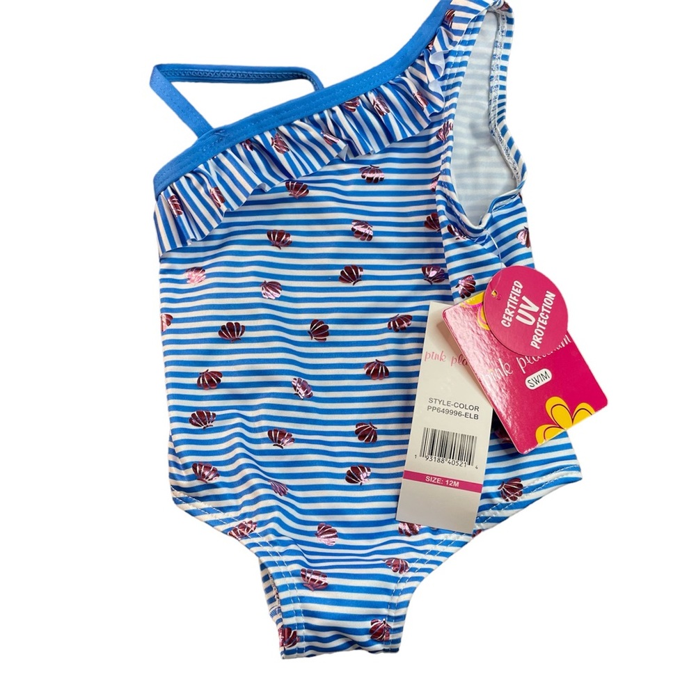 Pink platinum girls blue striped one shoulder bathing suit 12 months